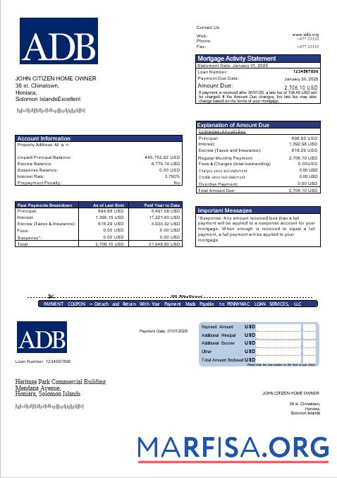Printable Solomon Islands ADB bank mortgage statement in Word and PDF formats download for verification